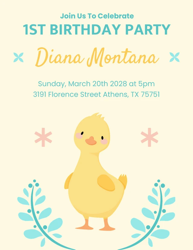 Light Yellow And Blue Playful Illustration Duck 1st Birthday Invitation Template