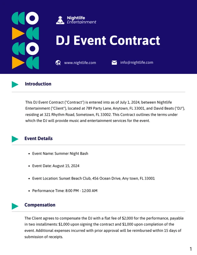 DJ Event Contract Template - Page 1