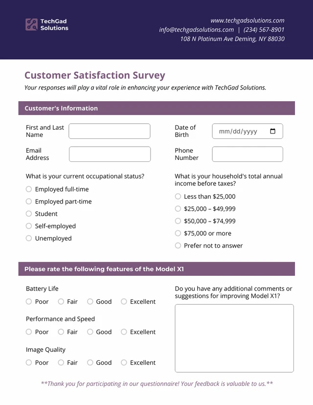 Purple Simple Questionnaire Form Template