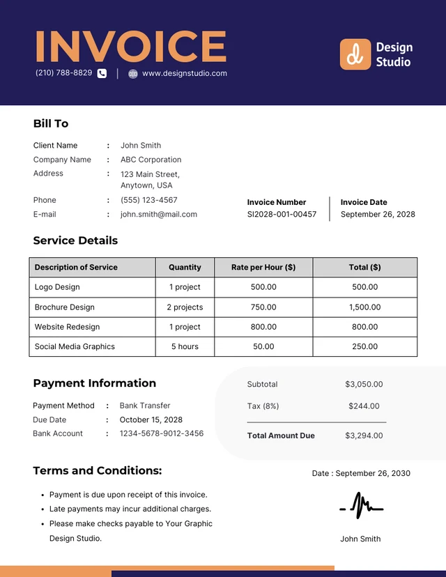 Blue and Orange Simple Graphic Design Invoice Template