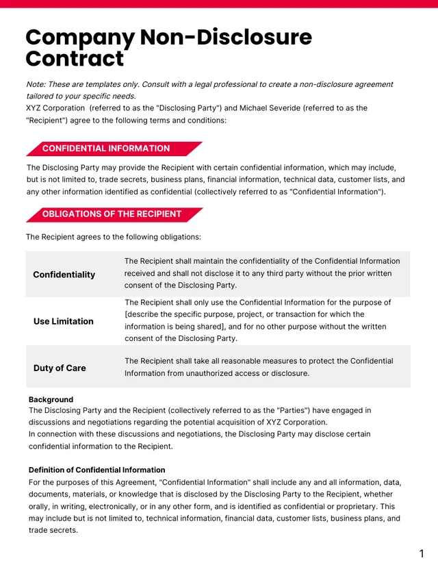 Red Modern Non-Disclosure Agreement Contract - Page 1