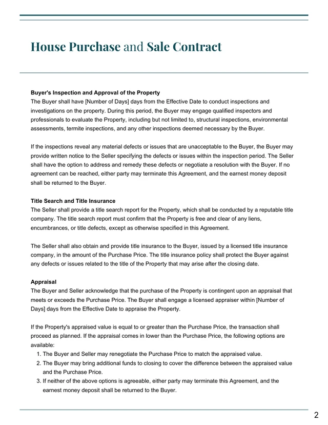 Teal White House Purchase and Sale Contract Template