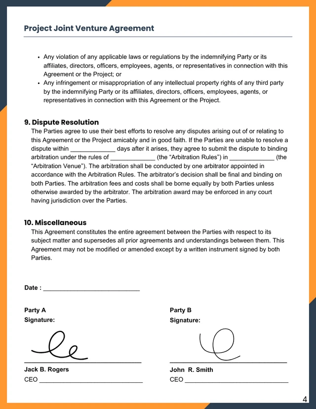 Navy and Orange Modern Project Joint Venture Agreement - Page 4