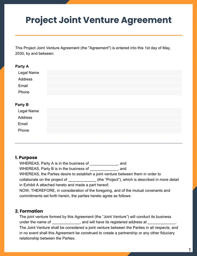 Navy and Orange Modern Project Joint Venture Agreement - Page 1