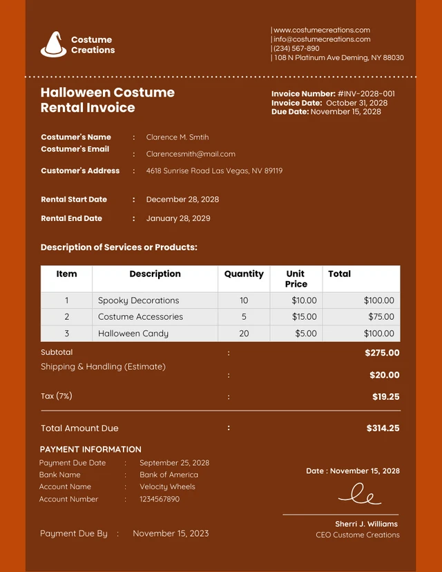 Brown Minimalist Clean Costume Rental Invoice Template