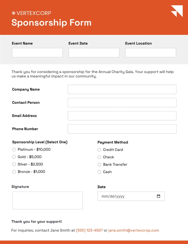 Simple Orange Sponsorship Form Template