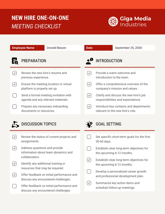 New Hire One-On-One Meeting Checklist Template