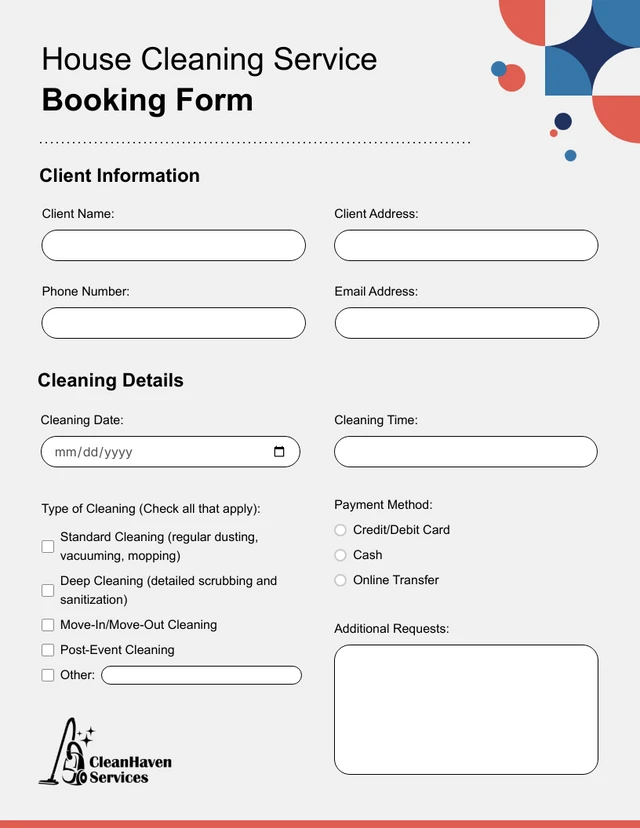 Red And Blue Minimalist Booking Form Template