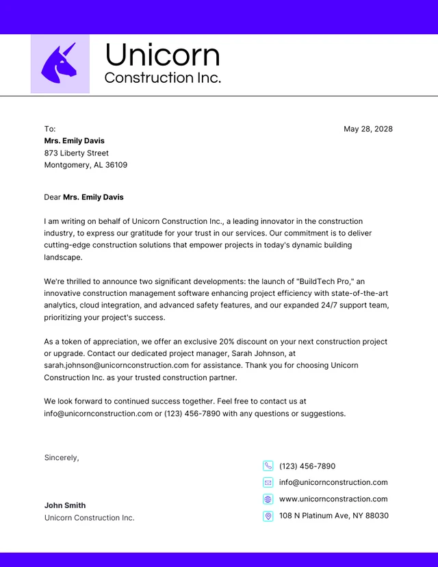 Purple Minimalist Construction Letterhead Template