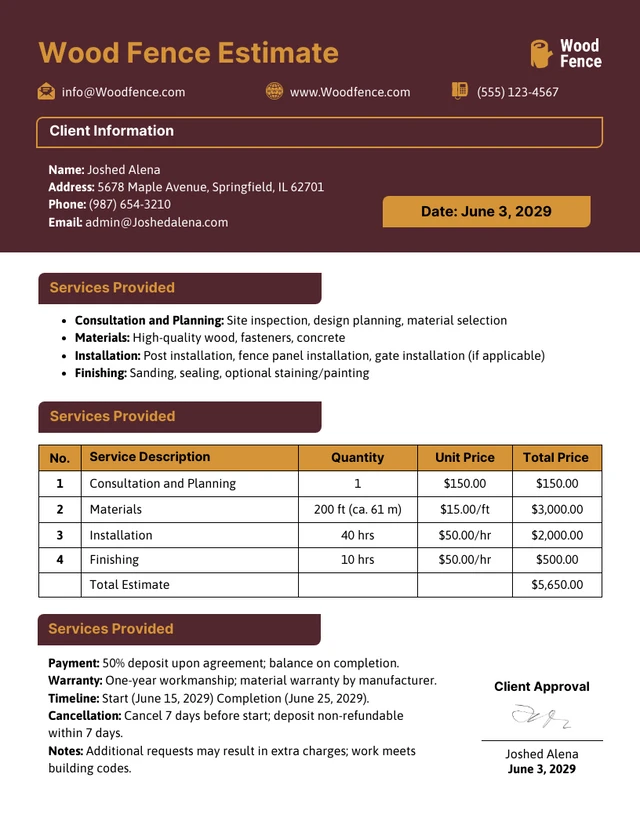 Wood Fence Estimate Template