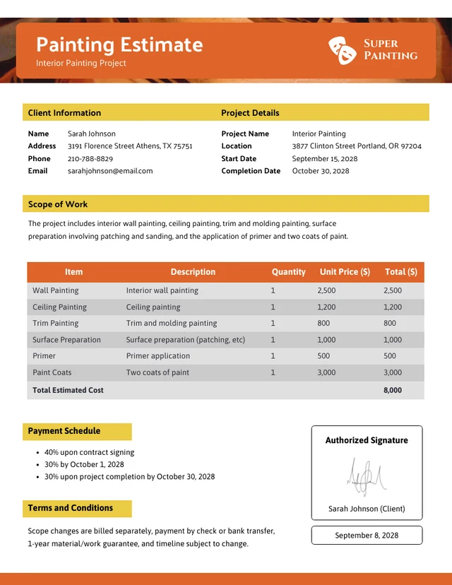 Simple Orange and Yellow Painting Estimate Template