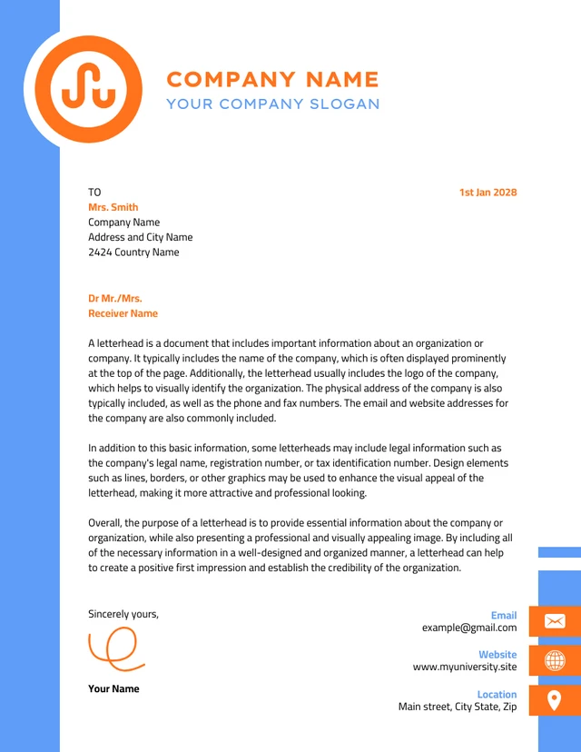 Blue And Orange Modern Professional Creative Letterhead Template
