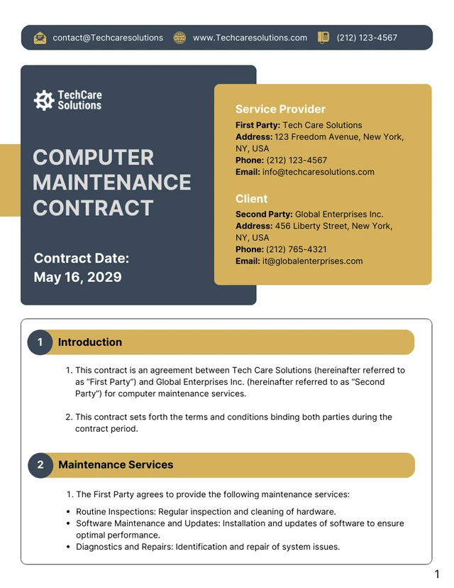 Computer Maintenance Contract Template - Page 1