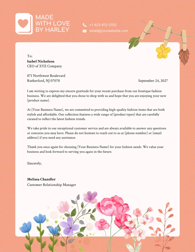 Soft Coral Orange Floral Business Letterhead
