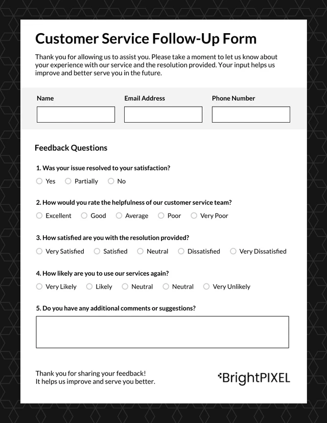 Black And White  Simple Customer Service Form Customer Service Form Template