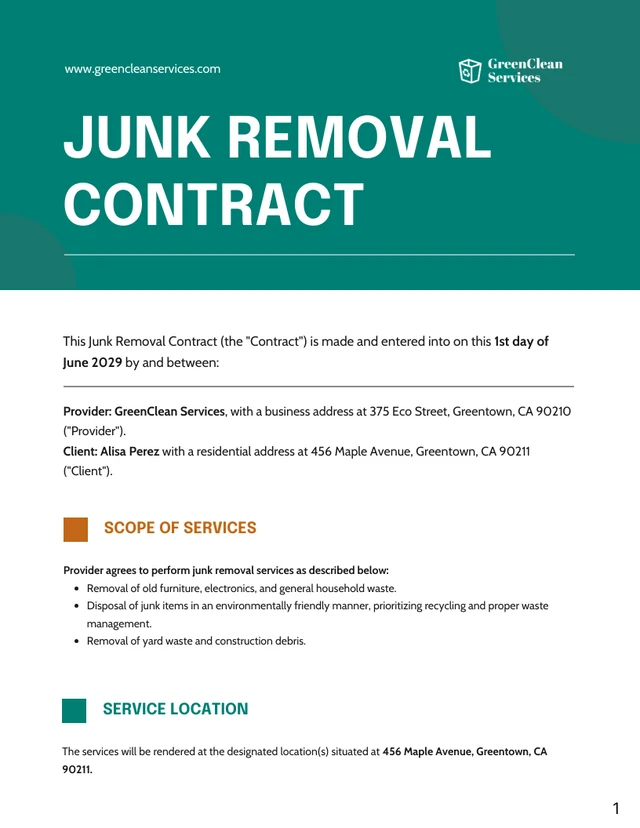 Junk Removal Contract Template - Page 1