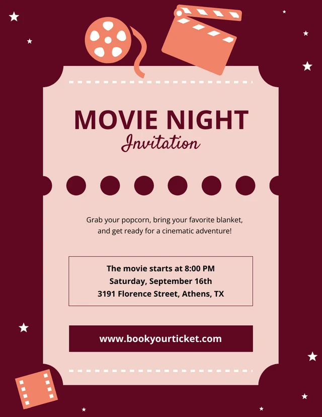 Peach And Maroon Illustrative Movie Night Invitation Template