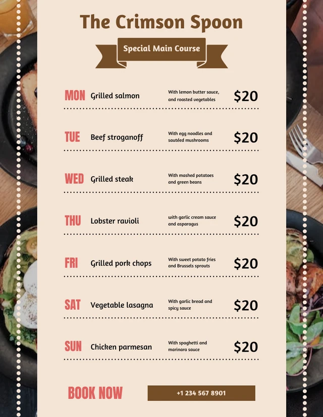 Cream Pastel Special Menu Restaurant Schedule Template