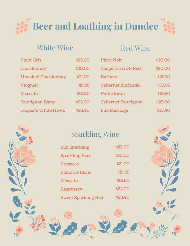 Beige And Blue Retro Vintage Wine Menu Template