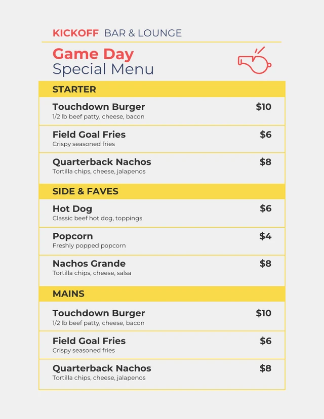 Simple Grey & Yellow Football Menu Template