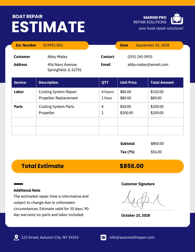 Boat Repair Estimate Template