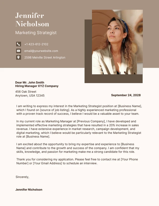 Neutral Brown Minimalist Marketing Strategist Cover Letter
