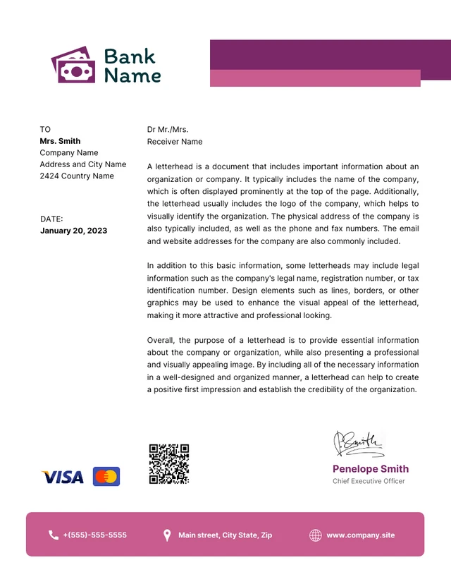 White And Purple Minimalist Professional Bank Letterhead Template
