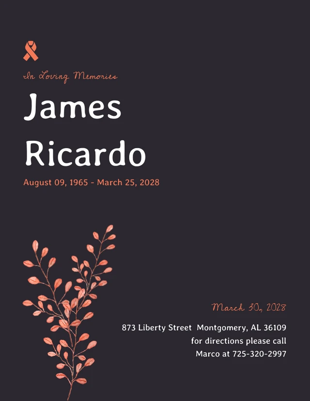 Dark Orange Floral Simple Funeral Invitation Template