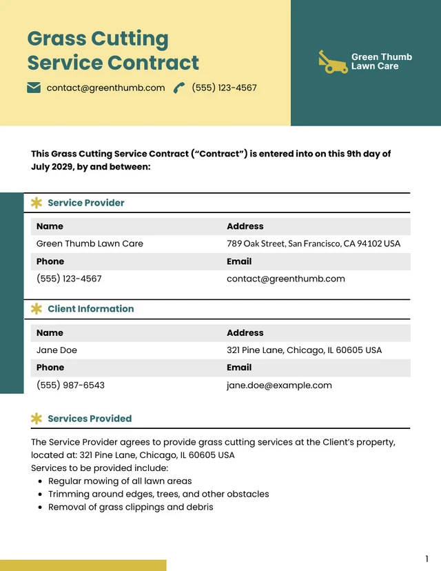 Grass Cutting Contract Template - Page 1