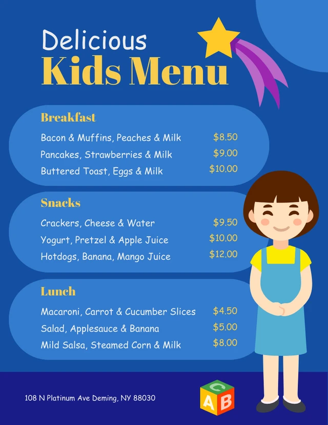 Blue Modern Illustration Kids Menu Template