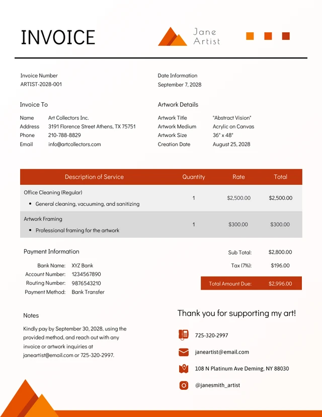 Simple Orange Artist Invoice Template