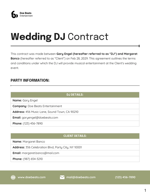 Wedding DJ Contract Template - Page 1