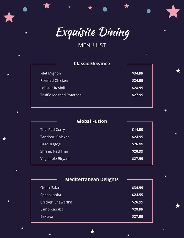 Dark Blue Midnight Illustrative Star Diner Menu Template