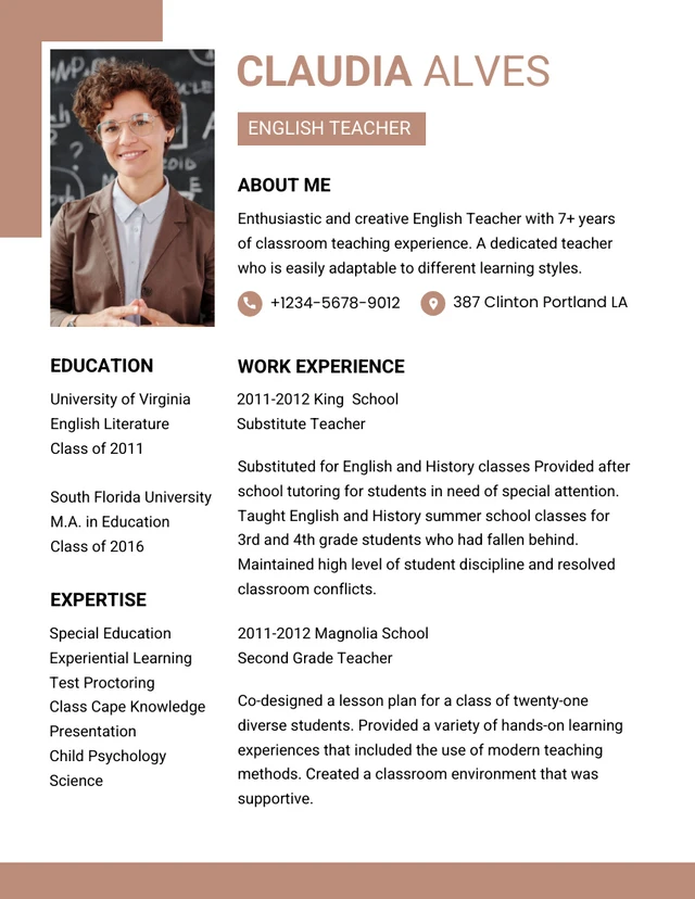 Brown And White Modern Minimalist English  Teacher Resume Template
