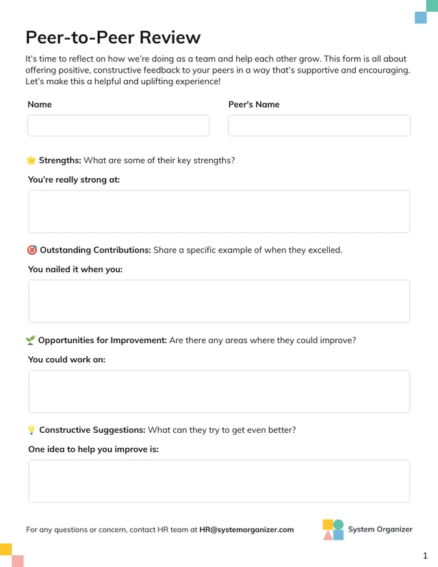 Peer-to-Peer Review Human Resource Form Template - Page 1