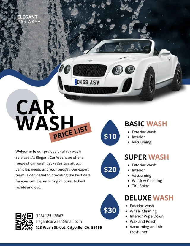 Blue and White Simple Car Wash Price List Template