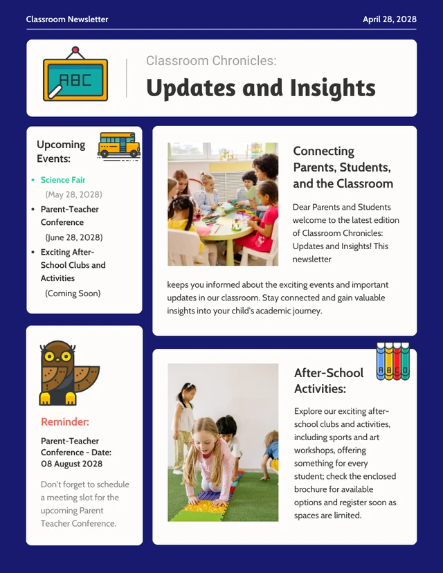 Fun Blue Illustrate Classroom Newsletters Template