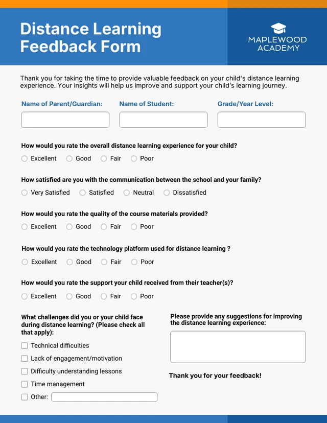 Simple Blue and Orange Distance Learning Feedback Forms Template