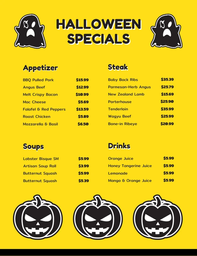 Yellow Minimalist Halloween Menu Template