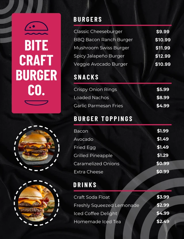 Black And Pink Modern Burger Menu Template