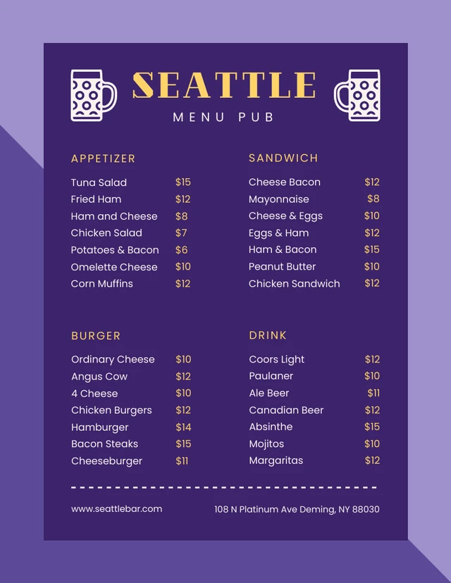 Purple Modern Pub Menu Template