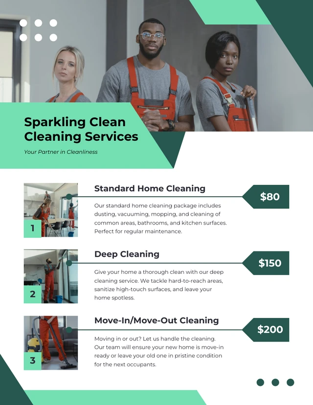 Professional Emerald Green Cleaning Price Lists Template