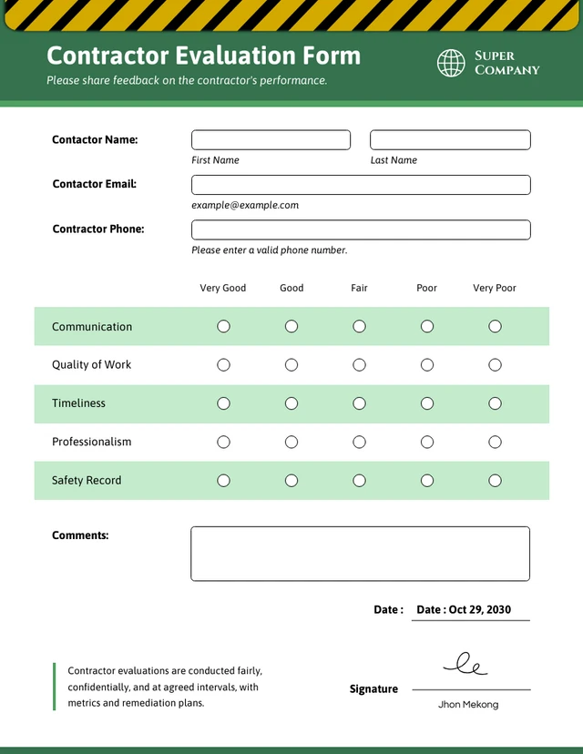 Simple Green Evaluation Forms Template