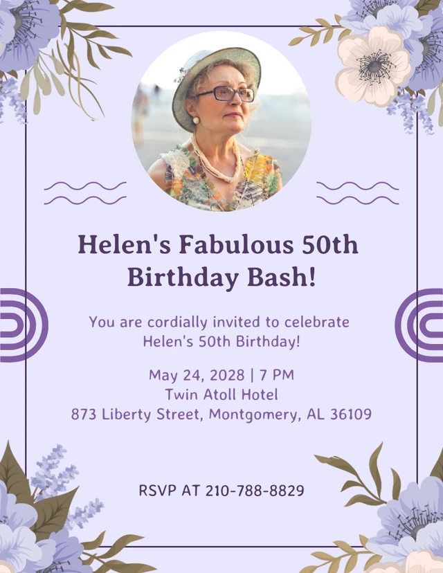 Purple Classic Vintage Floral Celebration 50th Birthday Invitation Template