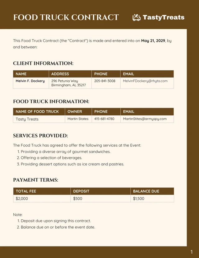 Food Truck Contract Template - Page 1