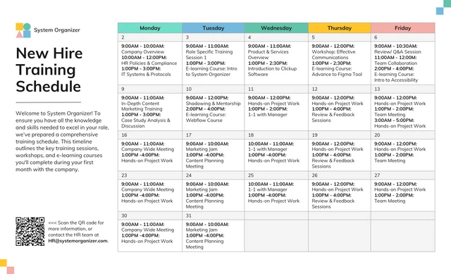 New Hire Onboarding Training Work Schedule Template