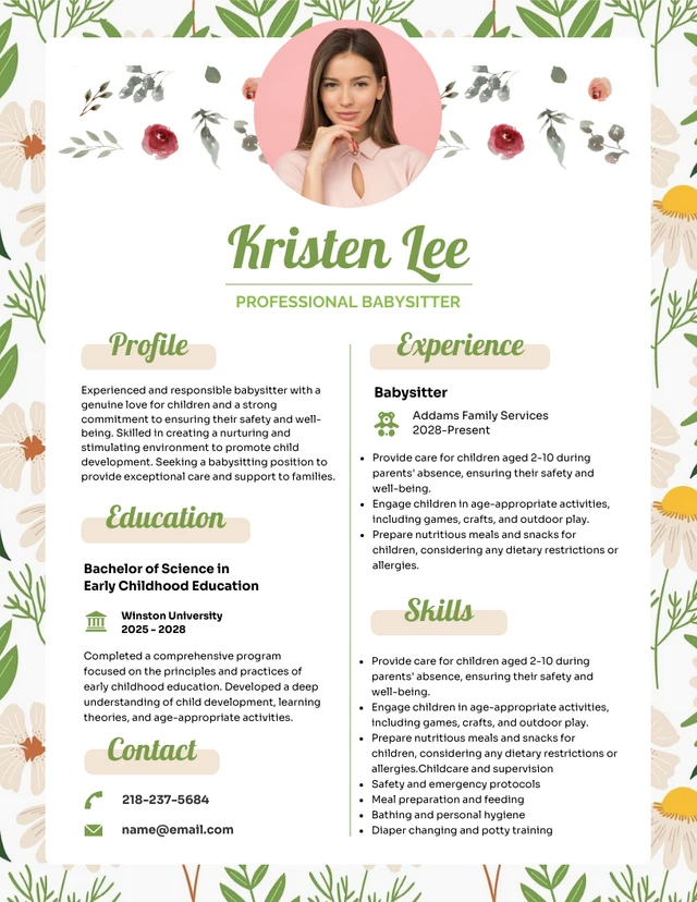 Floral Babysitter Resume Template