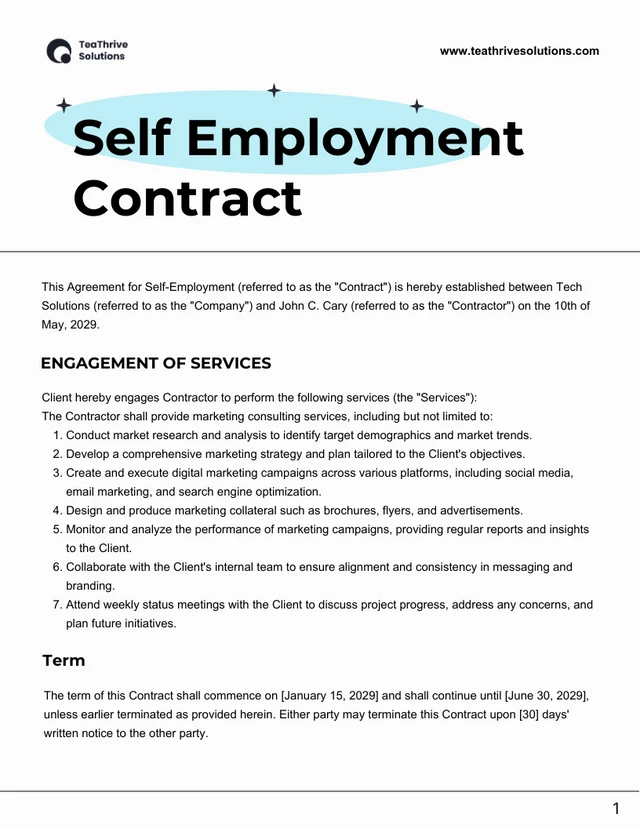 Self Employment Contract Template - Page 1