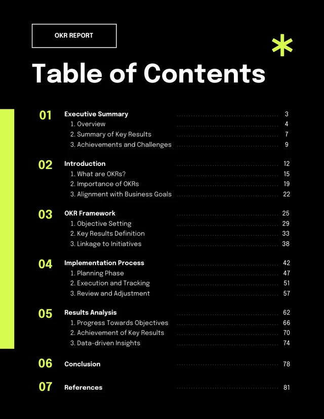 Modern Neon Green and Black OKR Report Table of Contents Template