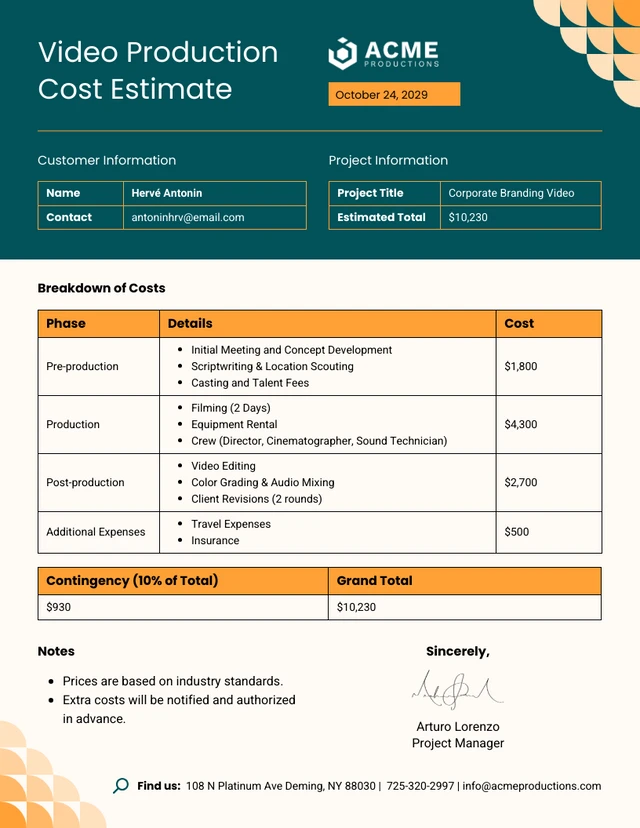 Video Production Cost Estimate Template